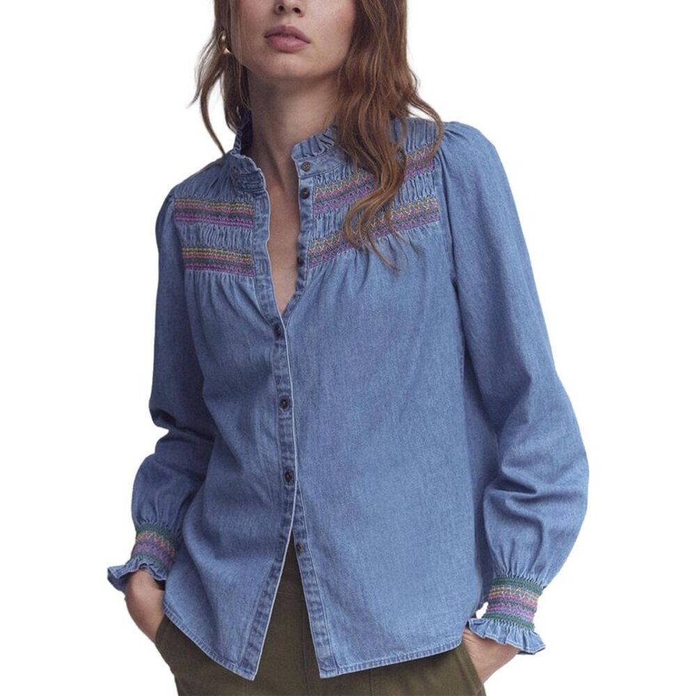 Boden Womens Esme Smocked Denim Frill Top, Blue